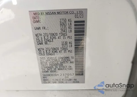 2023 Nissan Pathfinder Platinum 4Wd z USA, uszkodzony, nr VIN 5N1DR3DJ6PC237057